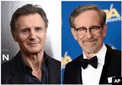 Liam Neeson, izq., en una presentación de "Concussion", Nueva York, diciembre 16, 2015, y Steven Spielberg, director de "The Post" en la entrega 68 del Sindicato de Directores de EE.UU, Los Angeles, febrero 6, 2016.