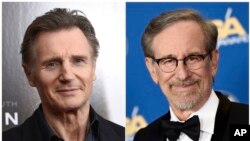 This combination photo shows Liam Neeson at a screening of "Concussion" in New York on Dec. 16, 2015, left, and director Steven Spielberg at the 68th Directors Guild of America Awards in Los Angeles on Feb. 6, 2016. 