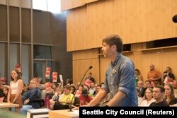 Death Cab for Cutie lead singer Ben Gibbard addresses the Seattle City Council, Aug. 6, 2018.