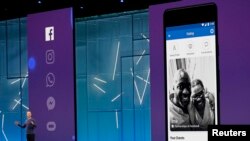 CEO Facebook Mark Zuckerberg memaparkan fitur kencan dunia maya dalam Konferensi F8, pertemuan tahunan pada pengembang perangkat lunak di San Jose, California, 1 Mei 2018.
