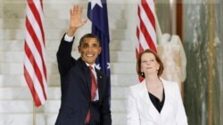 باراک اوباما رییس جمهوری آمریکا و جولیا گیلارد نخست وزیر استرالیا در کانبرا. ۱۶ نوامبر ۲۰۱۱