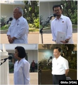 Para Calon Menteri Kabinet Jokowi II, usai bertemu Presiden Jokowi di Istana Kepresidenan Jakarta, 22 Oktober 2019. Dari kiri atas, searah jarum jam: Basuki Hadimulyono,Syahrul Yasin Limpo, Luhut Binsar Panjaitan dan Sri Mulyani.