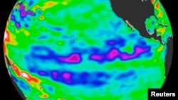 FILE - Oceanographic satellite released by NASA April 21, 2008 depicts one of the strongest La Ninas in many years as it is slowly weakening but continues to blanket the Pacific Ocean near the equator. 