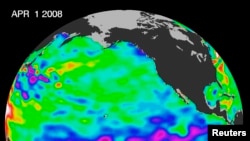 Picha za satelite zilizotolewa na NASA April 21, 2008 zikionyesha moja La Nina zenye nguvu katika miaka kadhaa katika baghari ya Pacific karibu na equator. 