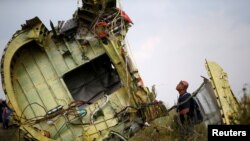 Seorang penyidik kecelakaan pesawat udara memeriksa lokasi kecelakaan pesawat Malaysia Airlines MH17 dekat Desa Hrabove (Grabovo) di wilayah Donetsk, Ukraina, 22 Juli 2014.