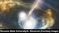 Artist concept of two neutron stars crashing. Credit: National Science Foundation/LIGO/Sonoma State University/A. Simonnet