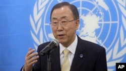 FILE - United Nations Secretary-General Ban Ki-moon speaks to the media.