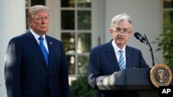 Federal Reserve board member Jerome Powell speaks after President Donald Trump announced him as his nominee for the next chair of the Federal Reserve in the Rose Garden of the White House in Washington, Nov. 2, 2017. 
