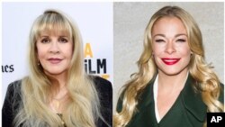 In this combination photo, Stevie Nicks attends the premiere of the "The Book of Henry" in Culver City, California, June 14, 2017, left, and LeAnn Rimes attends the 82nd Annual Rockefeller Center Christmas Tree Lighting Ceremony in New York, Dec. 3, 2014.