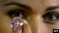 FILE - A model shows Pink Star, the 59.6-carat pink diamond auctioned by Sotheby's in the Swiss city of Geneva, during a press preview.