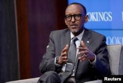 FILE - Rwandan President Paul Kagame speaks at the Brookings Institution in Washington, Sept. 21, 2017.