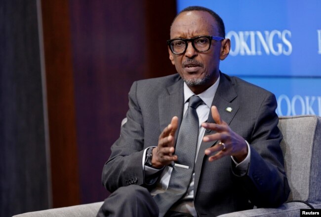 FILE - Rwandan President Paul Kagame speaks at the Brookings Institution in Washington, Sept. 21, 2017.