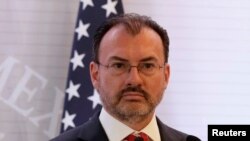 El canciller mexicano, Luis Videgaray, durante una conferencia de prensa junto a la canciller canadiense Chrystia Freeland y el ex secretario de Estado de los Estados Unidos Rex Tillerson, en la ciudad de México, México, el 2 de febrero de 2018.