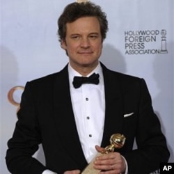 Colin Firth holds the award for Best Performance by an Actor in a Motion Picture - Drama for his role in "The King's Speech," at the Golden Globe Awards 16 Jan. 2011, in Beverly Hills, California.
