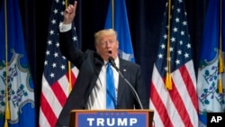 Republican presidential candidate Donald Trump speaks during a campaign rally in Bridgeport, Conn., April 23, 2016.