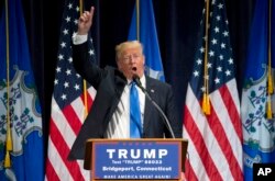 FILE - Republican presidential candidate Donald Trump speaks during a campaign rally in Bridgeport, Conn., April 23, 2016.