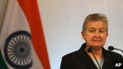 FILE - U.S. Ambassador to India Nancy Powell speaks at an event, in New Delhi, India, July 10, 2012. 