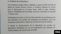 Communiqué de la présidence de la RDC, 2 février 2017.