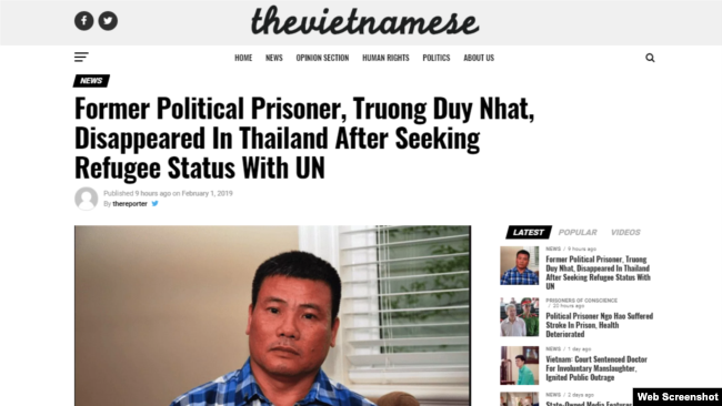 Trang The Vietnamese loan tin ông Trương Duy Nhất bị mất tích ở Thái Lan. Photo The Vietnamese.