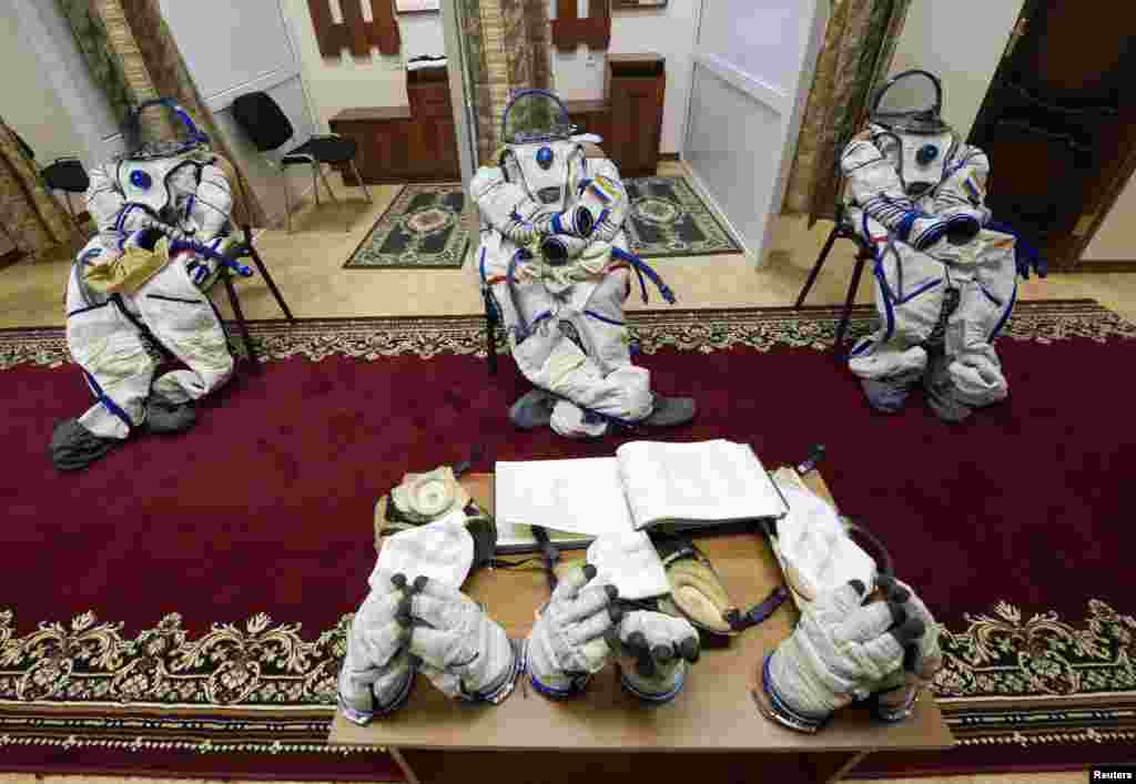 Spacesuits are left on chairs before cosmonauts&#39; training session at the Russian cosmonaut training facility in Star City outside Moscow, Russia.