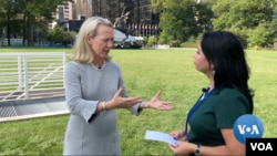 Assistant Secretary Alice Wells talking to Navbahor Imamova, VOA, in New York on the sidelines of the UNGA, September 23, 2019 