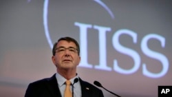 U.S. Secretary of Defense Ashton Carter delivers a speech at the 14th International Institute for Strategic Studies Shangri-la Dialogue, or IISS, Asia Security Summit, May 30, 2015, in Singapore. 