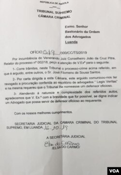 Carta a pedir advogado oficioso para José Filomeno dos Santos