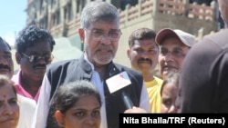 Nobel Laureate and child rights activist Kailash Satyarthi talks to the media at an event to kick off what is expected to be the world's largest march against child trafficking and sex abuse in Kanyakumari in India's Tamil Nadu state, Sept 11, 2017.
