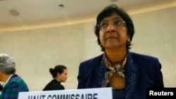 U.N. High Commissioner for Human Rights Navi Pillay arrives for the 21st Special Session of the Human Rights Council on the human rights situation in the Palestinian Territories at the United Nations Office in Geneva, July 23, 2014. 