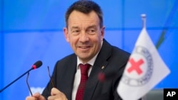 FILE - President of the International Committee of the Red Cross (ICRC) Peter Maurer speaks at a news conference in Moscow, Russia, Feb. 24, 2015.