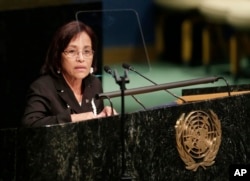 Hilda Heine, President of Marshall Islands, addresses the United Nations High-level Thematic Debate on Achieving the Sustainable Development Goals, at U.N. headquarters, April 21, 2016.