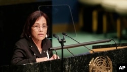 Hilda Heine, President of Marshall Islands, addresses the United Nations High-level Thematic Debate on Achieving the Sustainable Development Goals, at U.N. headquarters, April 21, 2016.
