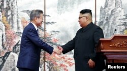 문재인 한국 대통령과 김정은 북한 국무위원장이 지난 9월 평양공동선언문에 서명한 뒤 가진 공동 기자회견에서 악수하고 있다. 평양사진공동취재단.