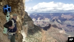 Google operations manager Steve Silverman wearing the Trekker during a demonstration for the media along the Bright Angel Trail at the South Rim of the Grand Canyon National Park in Arizona, October 22, 2012.