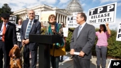 FILE - Rep. Rosa DeLauro, center, joined at left by Rep. Lloyd Doggett, a bloodhound named Roxy, Rep. David Cicilline (r) and other members of Congress, speaks at a news conference on Capitol Hill in Washington, Oct. 29, 2015, about the details of the TPP.