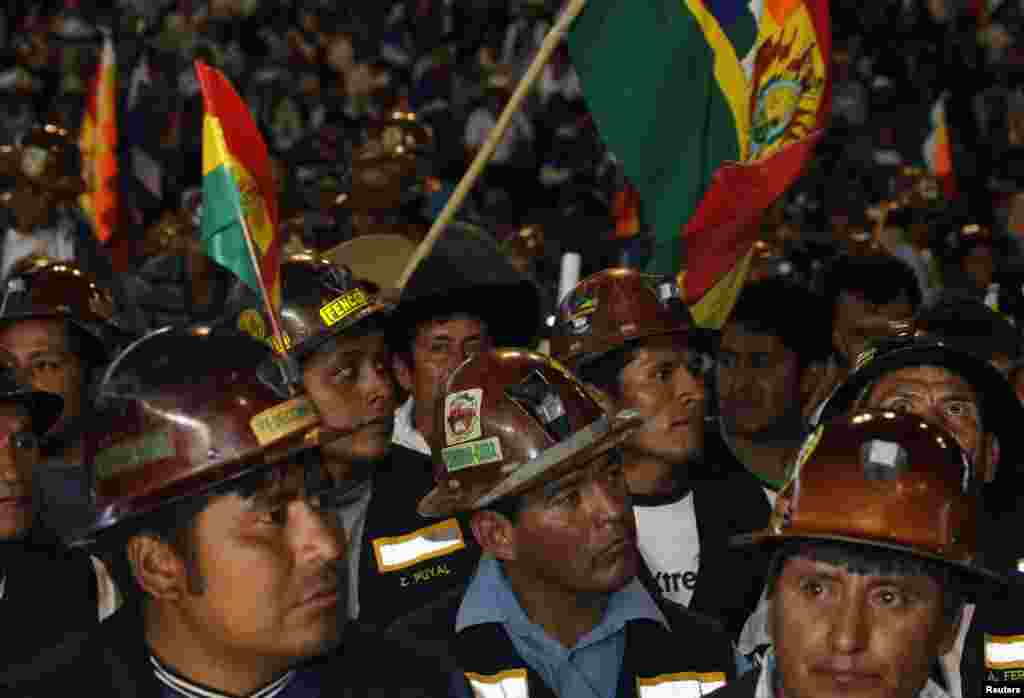 Bolivian mine workers attend a meeting to support President Evo Morales in Cochabamba, Bolivia, July 4, 2013. 