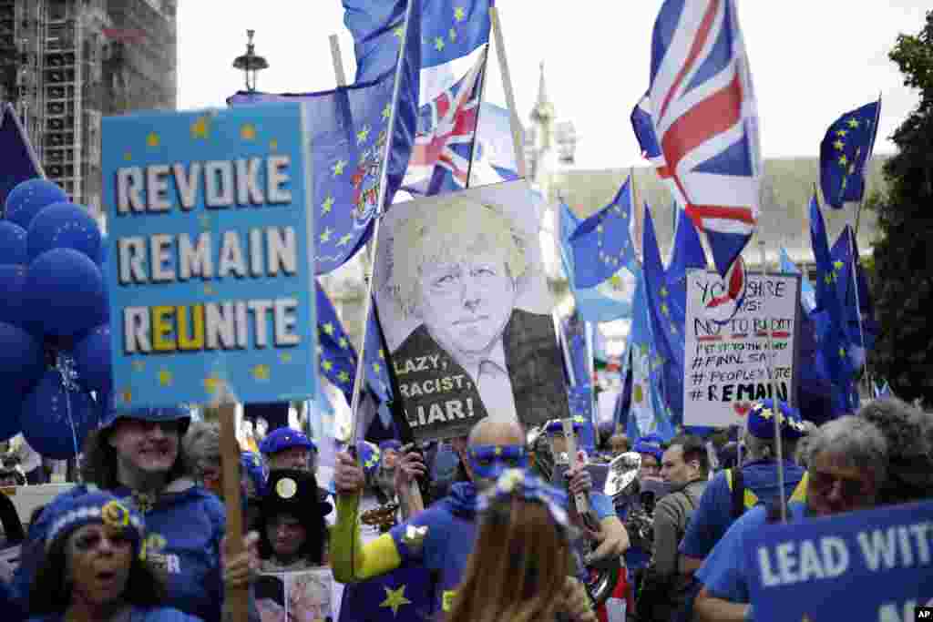 Pro-EU supporters protest outside the Houses of Parliament in London.