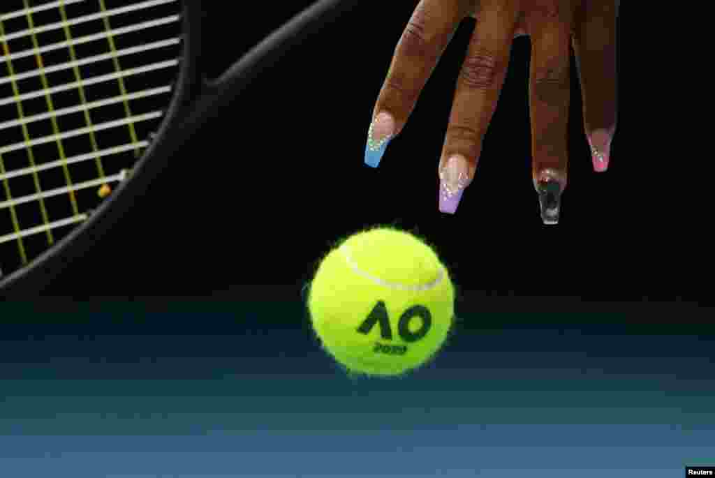 American tennis star Serena Williams gets ready to serve during the Australian Open in Melbourne Park, Melbourne, Australia.