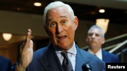 FILE - U.S. political consultant Roger Stone speaks to reporters after appearing before a closed House Intelligence Committee hearing at the U.S. Capitol in Washington, Sept. 26, 2017. 