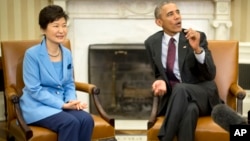 President Barack Obama meets with South Korean President Park Geun-hye, Oct. 16, 2015, in the Oval Office of the White House in Washington.