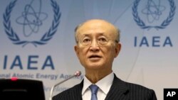 FILE - Director General of the International Atomic Energy Agency, IAEA, Yukiya Amano of Japan, addresses the media during a news conference in Vienna, Austria, Nov. 22, 2018.