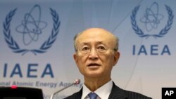 Dirjen Badan Energi Atom Internasional (IAEA), Yukiya Amano dari Jepang, berbicara dalam konferensi pers di Wina, Austria, 22 November 2018.