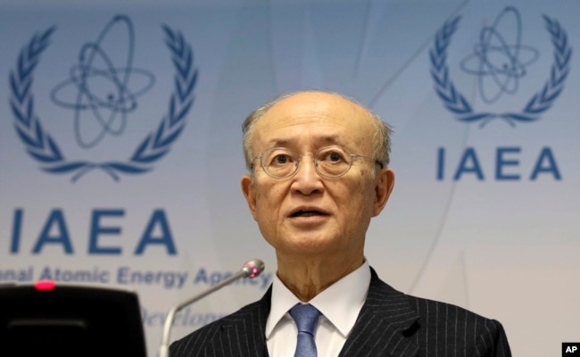 FILE - Director General of the International Atomic Energy Agency, IAEA, Yukiya Amano of Japan, addresses the media during a news conference in Vienna, Austria, Nov. 22, 2018.