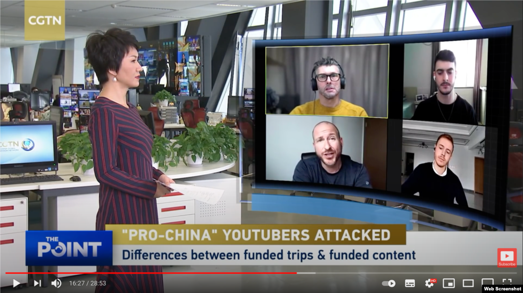 一些支持中国叙述的社交媒体博主与中国中央电视台主持人刘欣对话。(资料照)
