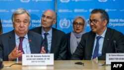 Sekretaris Jenderal PBB Antonio Guterres (kiri) bersama Dirjen WHO Tedros Adhanom Ghebreyesus (kanan) (foto: dok). 