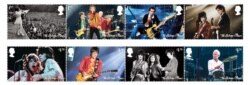 Satu set berisi delapan perangko Royal Mail untuk menghormati 60 tahun grup rock legendaris The Rolling Stones pada selebaran tak bertanggal. (Royal Mail/Handout via REUTERS).