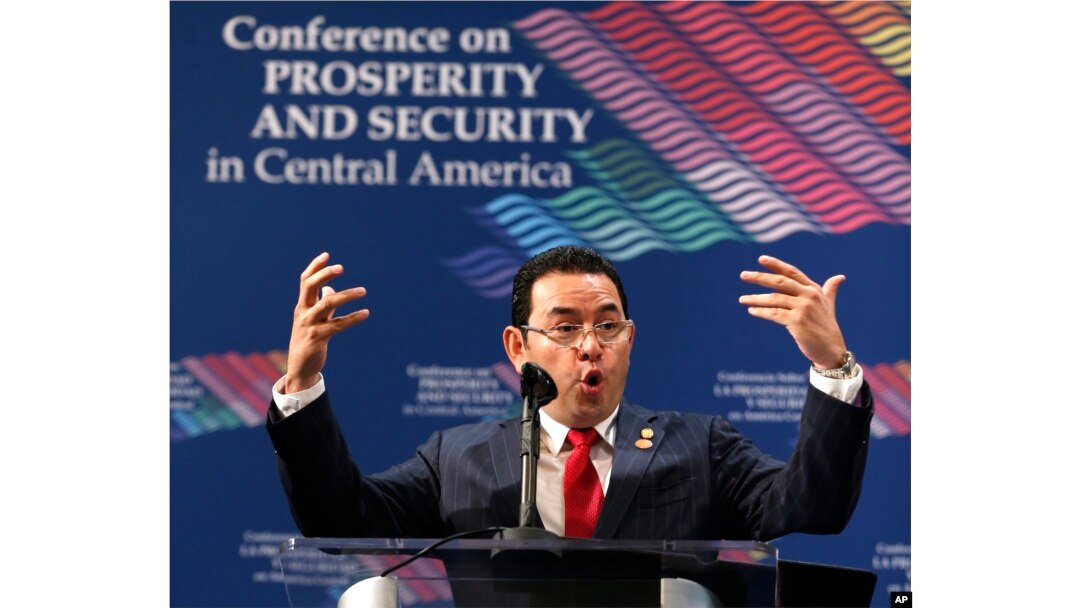 The President of Guatemala Jimmy Morales speaks during a conference on Prosperity and Security in Central America, June 15, 2017, in Miami.