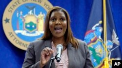 FILE - New York Attorney General Letitia James addresses a news conference at her office, in New York, May 21, 2021.