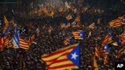 Stotine hiljada demonstranata maše zastavama sa zvezdom, koje simbolizuju nezavisnost Katalonije, na protestu u Barseloni 11. septembra 2014.