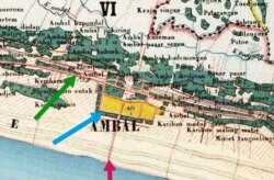 Peta Belanda menggambarkan Pansela di masa lalu (panah hijau), AD Daendels (panah biru), dan jalan menuju pantai (panah merah). (Foto courtesy: Ravie A)